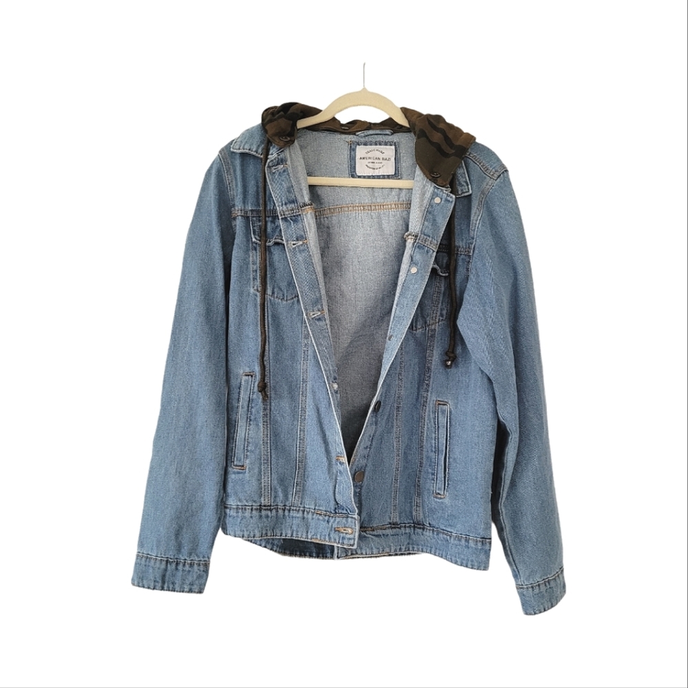 AMERICAN BAZI Denim Button Up Camouflage Pattern Hooded Jean Jacket